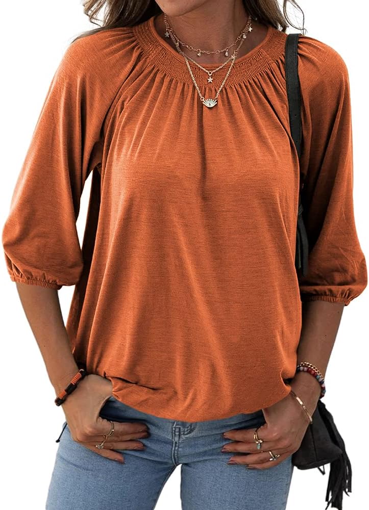 Grlasen Women's Solid Crew Neck T Shirt Blouse Cotton Half Sleeve 3/4 Sleeve Casual Loose Pleated Basic Tops