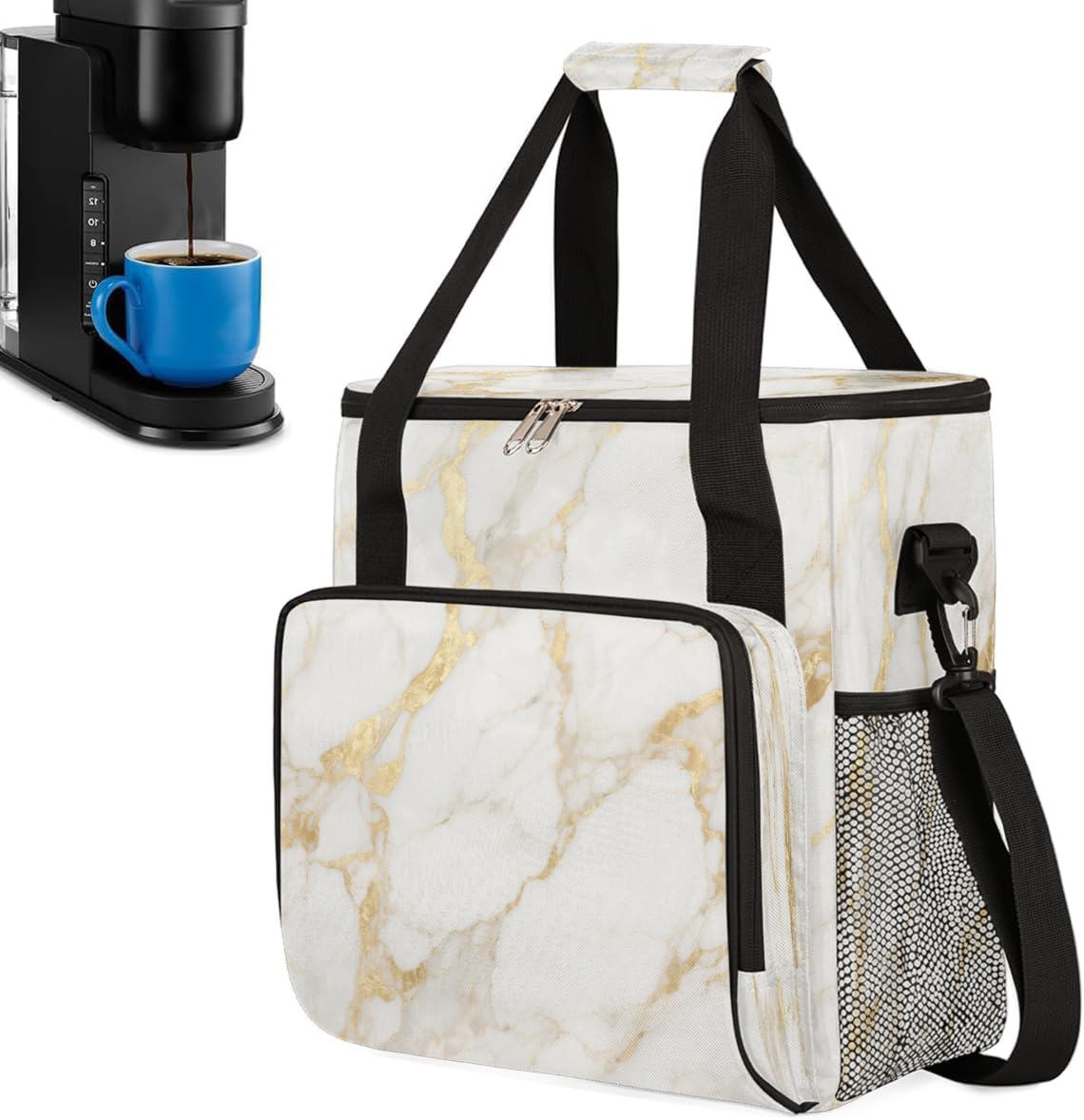 Gold Marble Style Portable Coffee Maker Carrying Bag Compatible with Keurig K-Mini or K-Mini Plus - Travel Storage Tote with K-Cup Pod Pockets for Single Serve Coffee Brewer