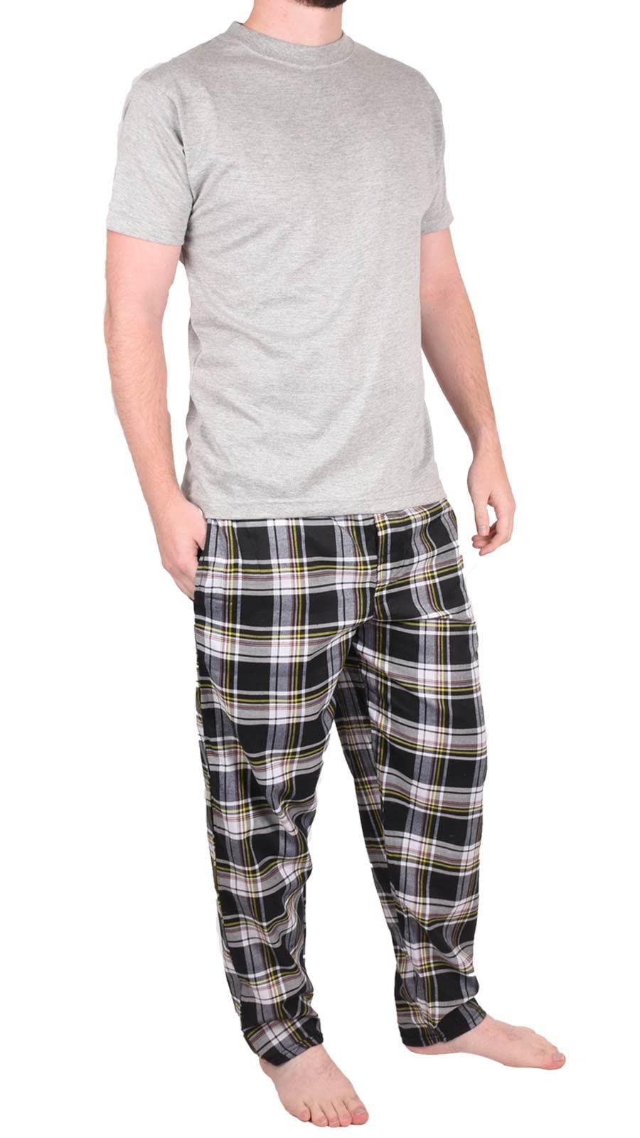 Gaffer Pajamas Set, Men's Cotton Lounge Pants with Check Design and Short Sleeve T-Shirt, ...