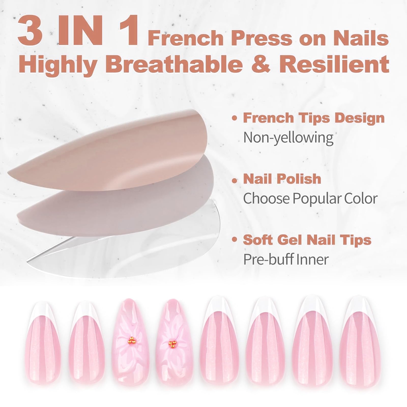 Press on Nails, 24 Uds. Uñas Falsas con Flores 3D de Color Rosa y Punta French, Uñas Artificiales Reutilizables con Brillo, Kit de Uñas para Mujeres — view 2