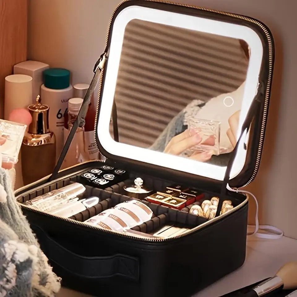 Kit Maleta Maquiagem completo Profissional Com Espelho e Luz Led e paleta de maquiagem (Preto)