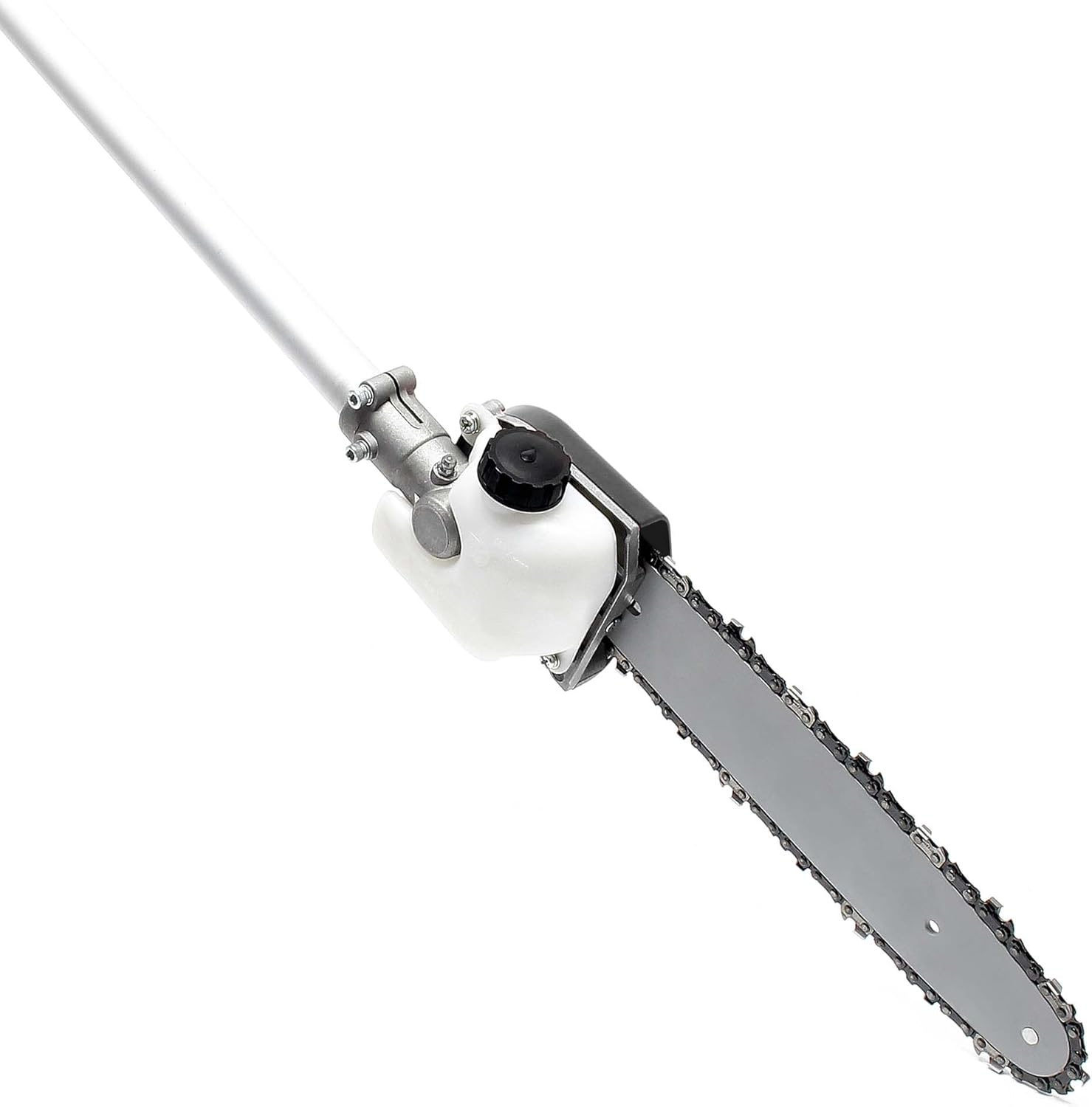 Close-up of the Wiltec pole pruner attachment with its chainsaw bar and chain.