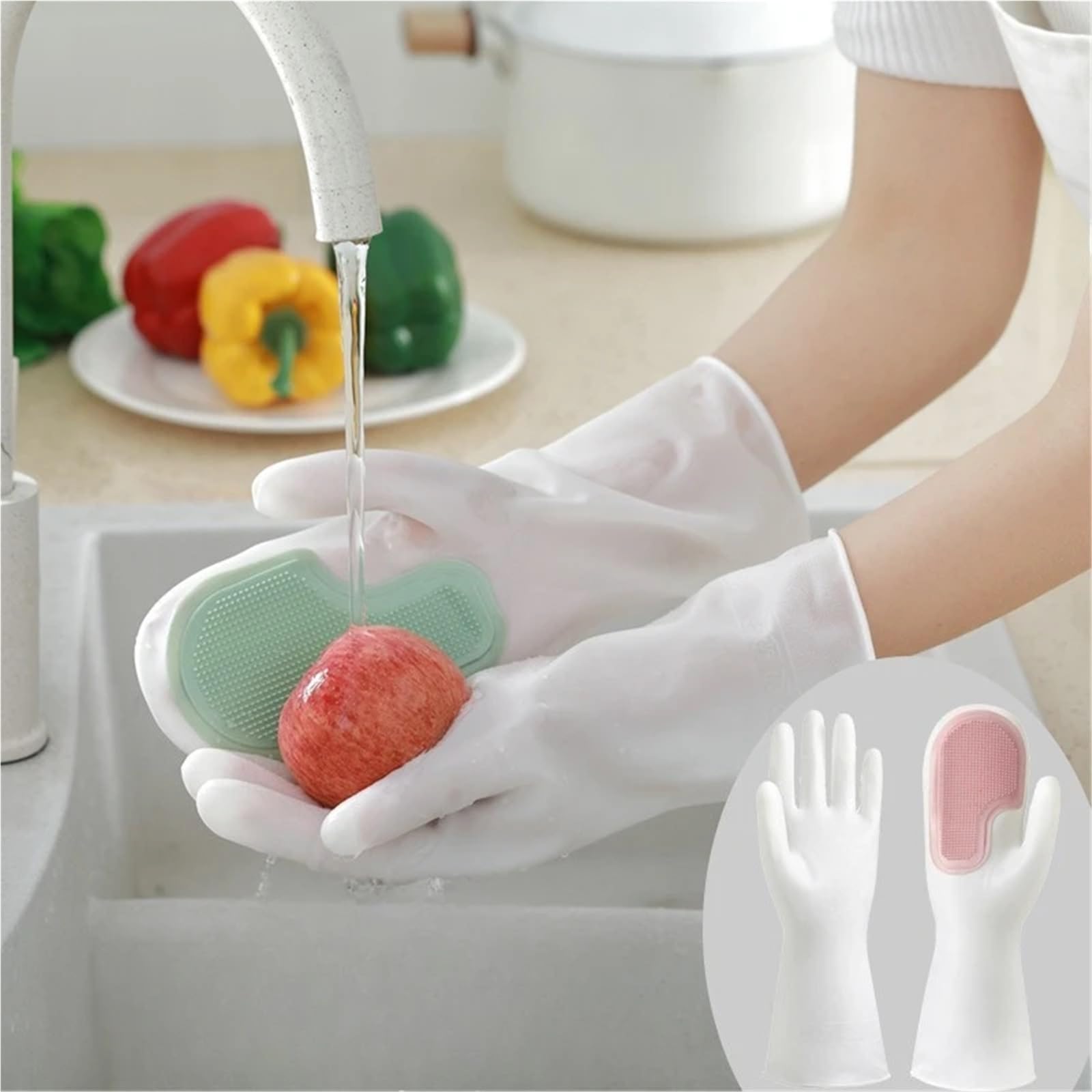 Guantes Limpieza Guantes de limpieza con cepillo multifuncional for cocina doméstica, plástico, resistentes al agua, for lavavajillas