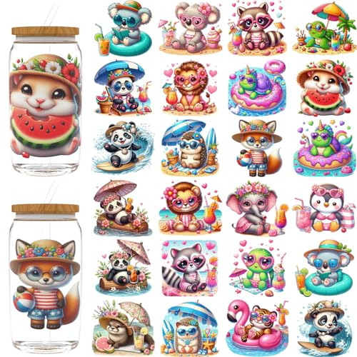 CHNVICK 24PCS UV DTF Stickers Summer Animals UV DTF Cup Wrap for 16oz Mugs