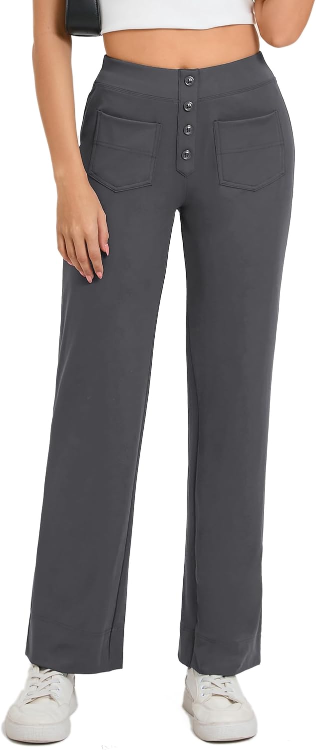 Oyamiki Wide Leg Stretch Work Trousers for Women Button Lounge Pants with 4 Pockets Elasticated Waist 3 61piwA4KavL. AC SL1500