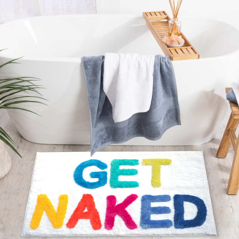 Evovee Get Naked Badematte, lustig, niedlich, Badezimmerteppich, Duschvorleger, lustig, Badezimmerdekoration, lustig, niedlich, Badematte, rutschfest, waschbar, College-Regenbogen, Weiß
