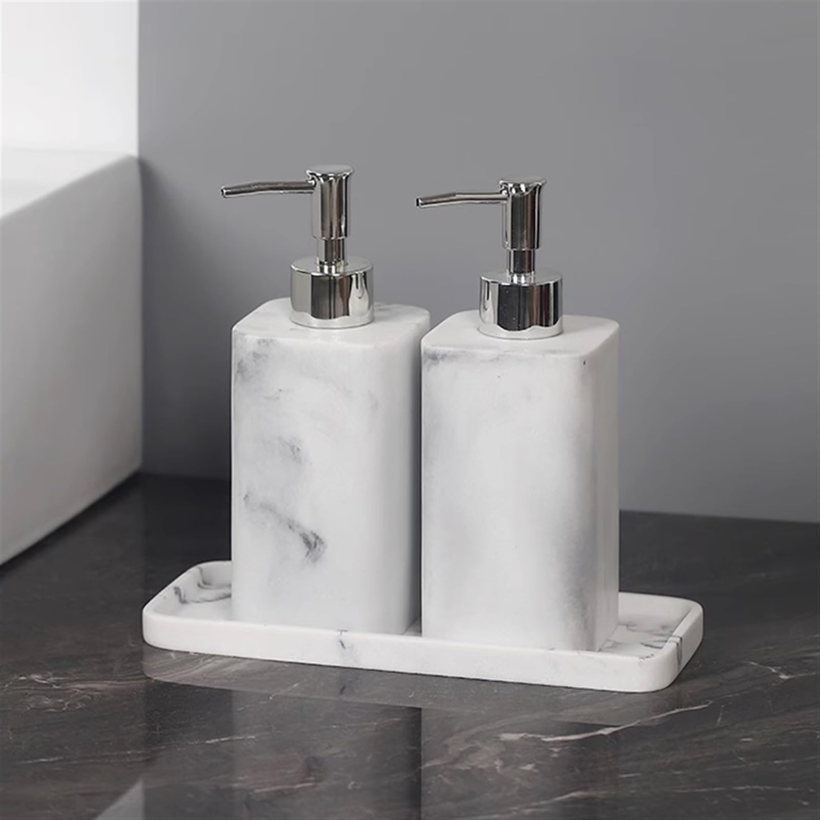 Preuve de Fuite Ensemble de Distributeur de Savon à Texture de marbre, 2 distributeurs de Savon en résine et 1 Plateau, Ensemble d'accessoires de Salle de Bains(Blanc,480ml)
