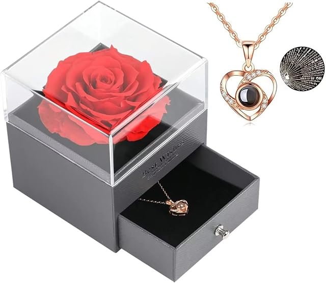 Handmade Preserved Rose Gift Box with Forever Rose and Love You Necklace in 100 Languages, Enchanted Flower Gift for Girlfriend Mother Wife on Anniversary Valentine's Day Mother's Day Christmas Day