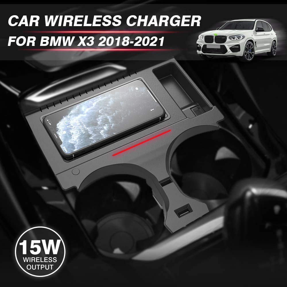 Cargador Inalámbrico Coche para BMW X3/X4 2019 2020 2021 Consola Central Accesorios Panel, 15W Carga Rápida Auto Teléfono Cargador Almohadilla con Puerto USB per iPhone Samsung Huawei