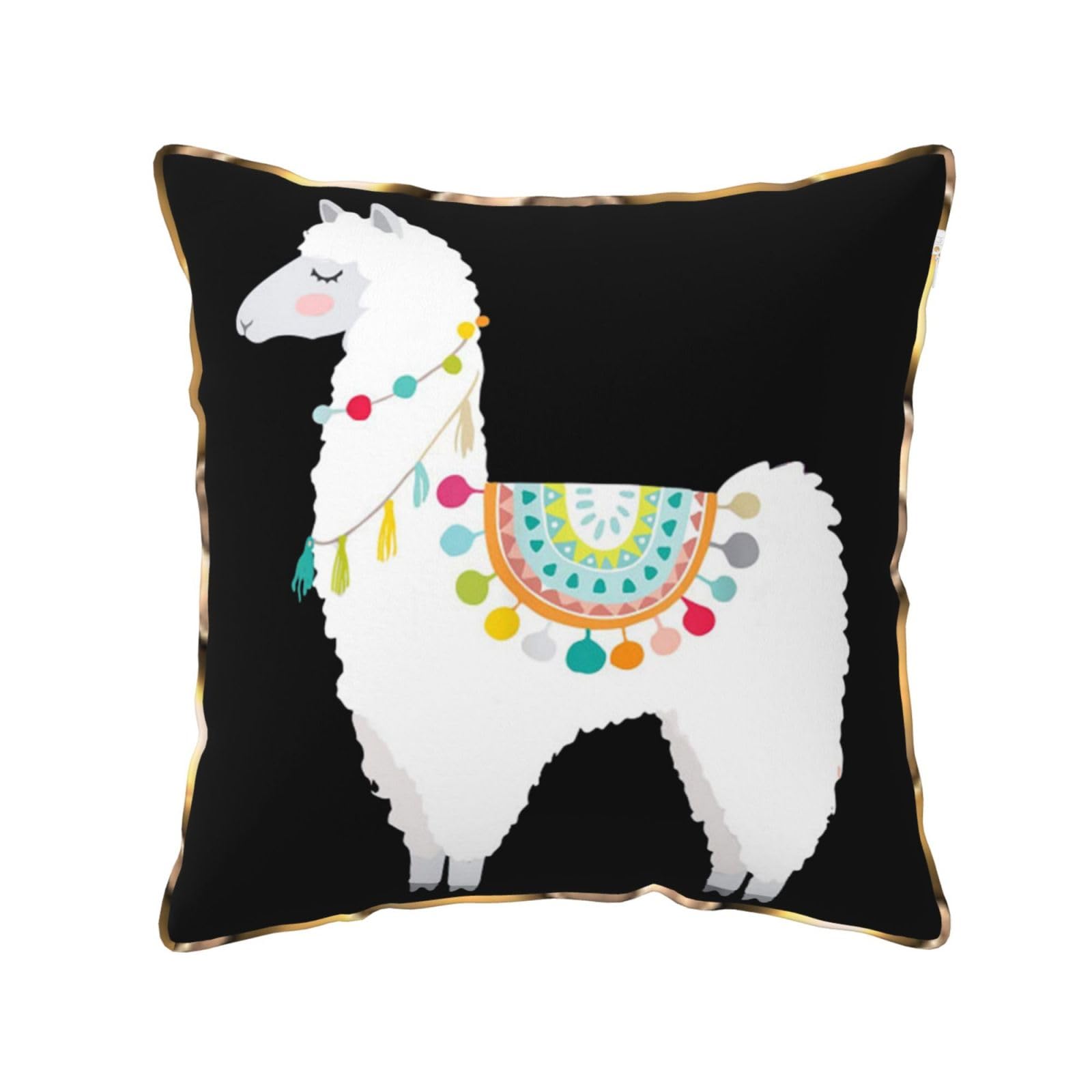 AUBKFELD Llama Printed Velvet Cushion Cover 40x40 CM with Gold Edging Strip, Square Pillowcase Soft Throw Pillow Covers Case Decorative for Living Room Sofa Couch Bed Bench