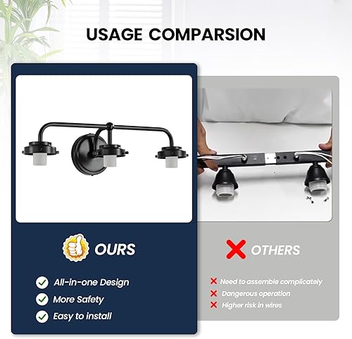 Miniatura 3 de Lámparas de tocador de baño 3 luces negras de tocador para baño sobre espejo, iluminación de pared de granja con vidrio lechoso esmerilado para