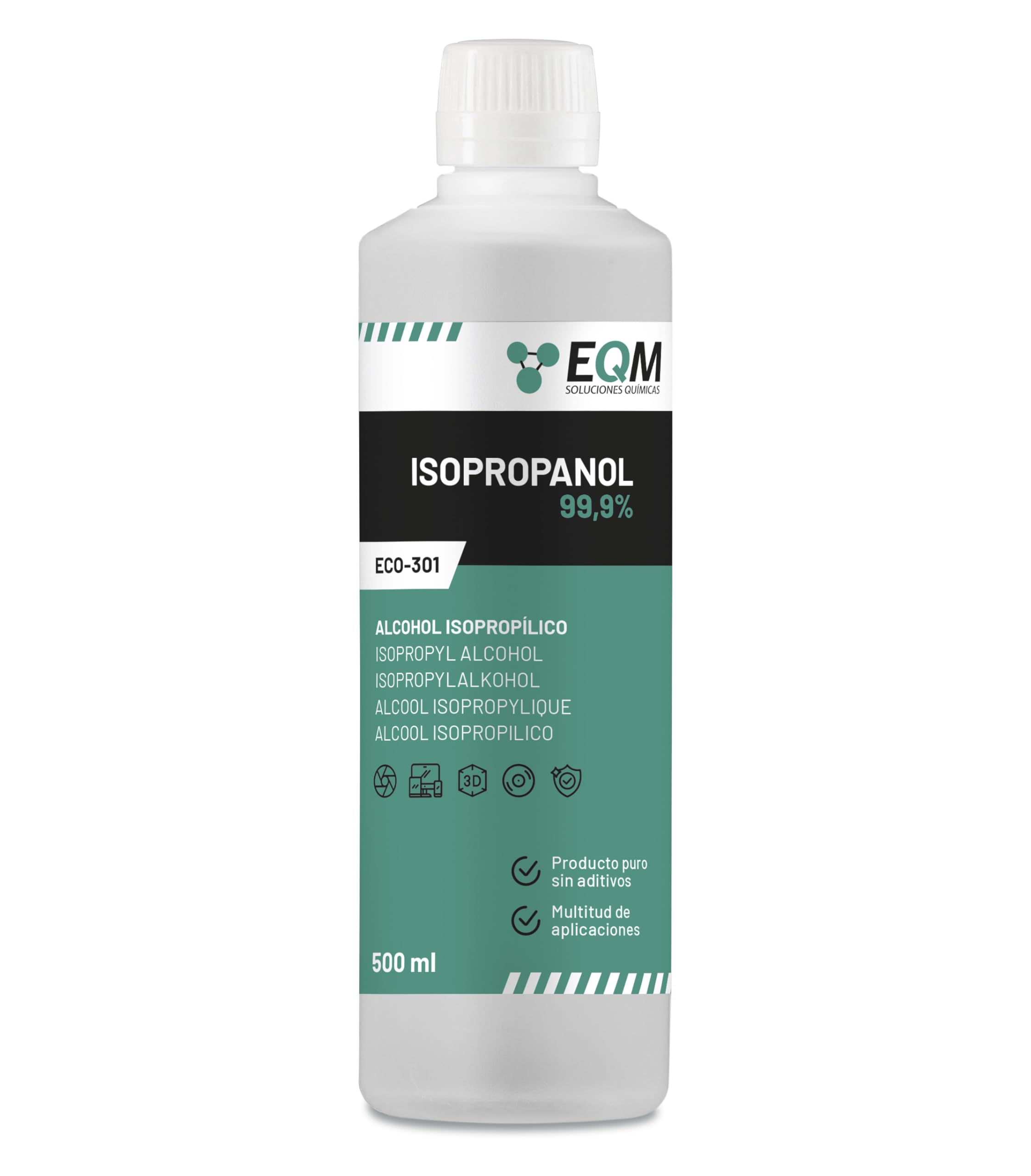 EQM - ECO-301 - Alcohol Isopropílico 99,9% - 500 ML - Isopropanol - Limpieza componentes electrónicos, objetivos y pantallas - Limpieza de resinas en impresión 3D - Limpiacristales y desengrasante