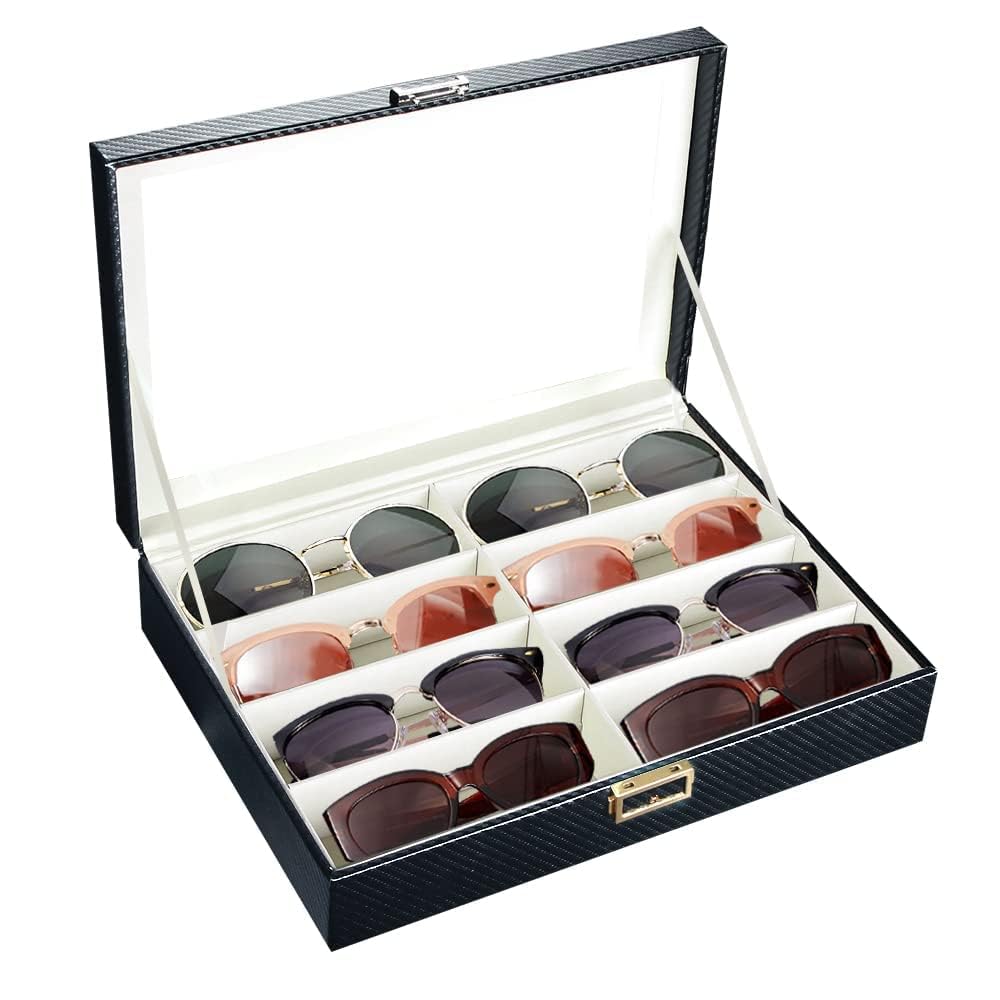BLIENCE Sunglasses Organizer for Men, Father's Day Gifts Sunglass Case, 8 Slot Glasses Storage, Black Carbon Fiber Sunglasses Display Case, Eyeglasses Storage Box with Metal Lock