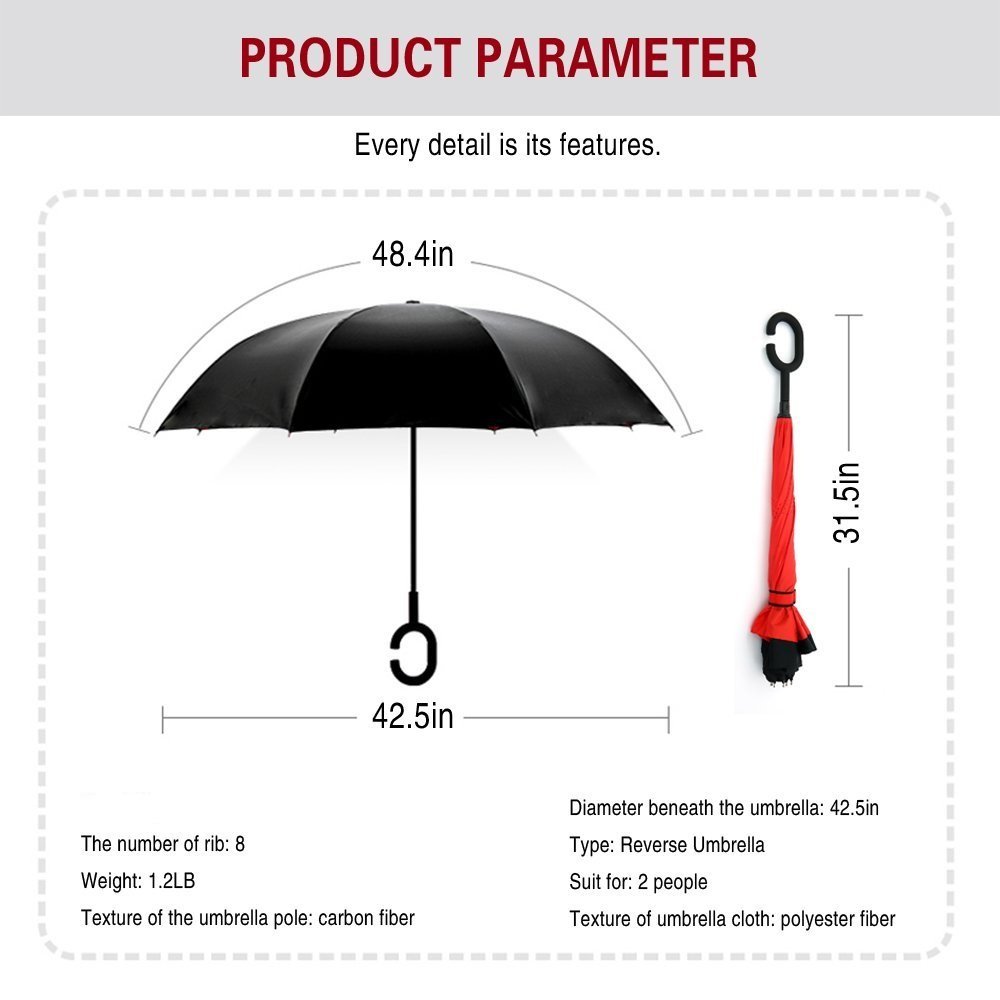 Odwrócona dwuwarstwowa warstwa parasola, uchwyt w kształcie litery C składany odwrócony parasol, odporny na promieniowanie UV wiatroszczelny parasol podróżny