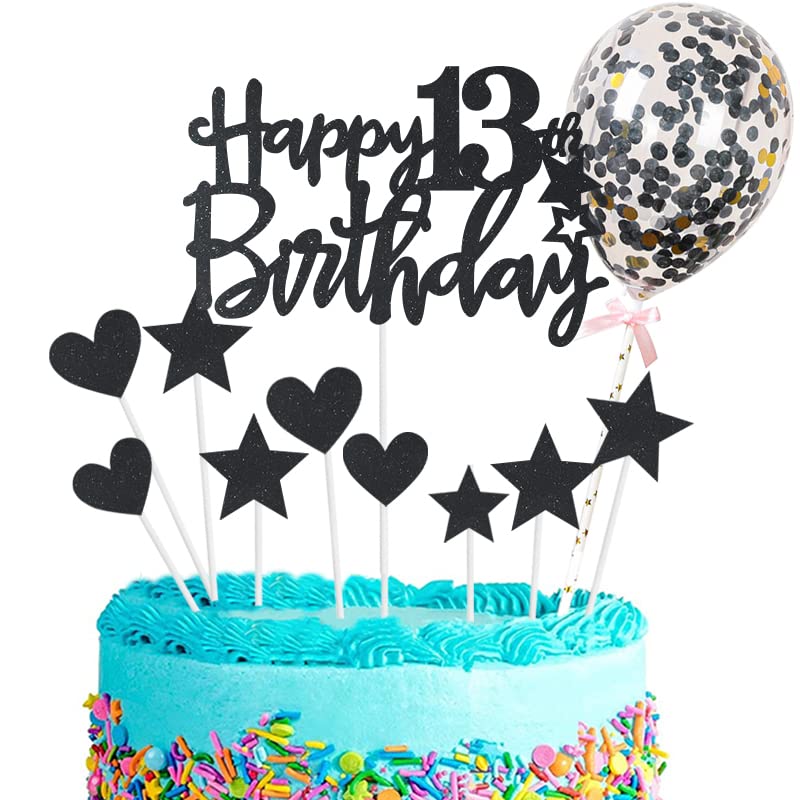 13th Birthday Cake Topper - Black Glitter "Teens Happy 13th" Decoration For Boys & Girls Party