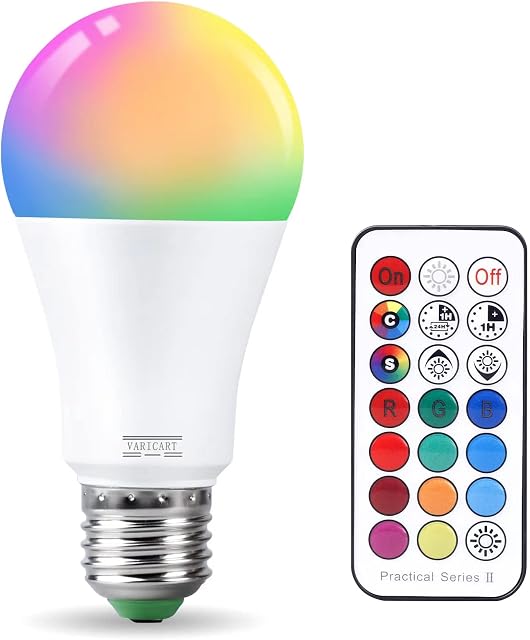 VARICART E27 10W LED Light Bulb Edison Screw, RGB + Warm White 3000K, Dimmable 12 Colour Changing + 5 Modes, Built-in Memory with Remote, 75W~100W Equiv. Globe for Everyday & Mood Lighting (Pack of 1)