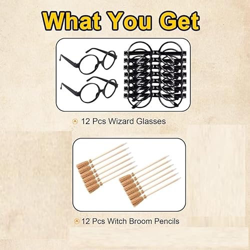 Miniatura 2 de Kit de suministros para fiesta, lentes negros con marco redondo, sin lentes, lápiz de escoba para cumpleaños temático escolar, Halloween, cosplay,
