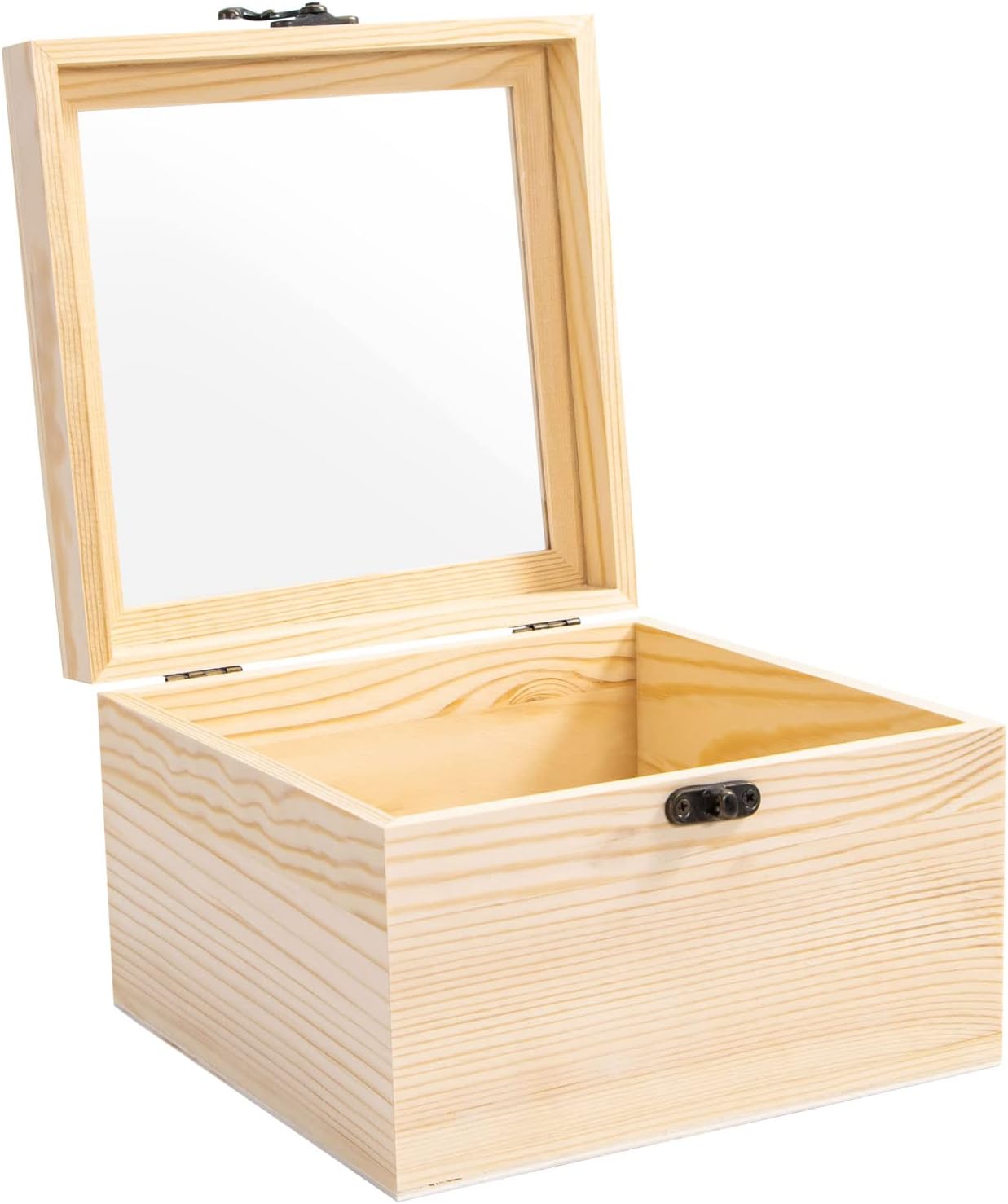 Unfinished Wooden Display Box with Glass Top Hinged Lid, 7'' x 7'' x 4.6'' Small Wood Keepsake Storage Box, DIY Craft Box for Collectibles Jewelry Gift and Home Decorations