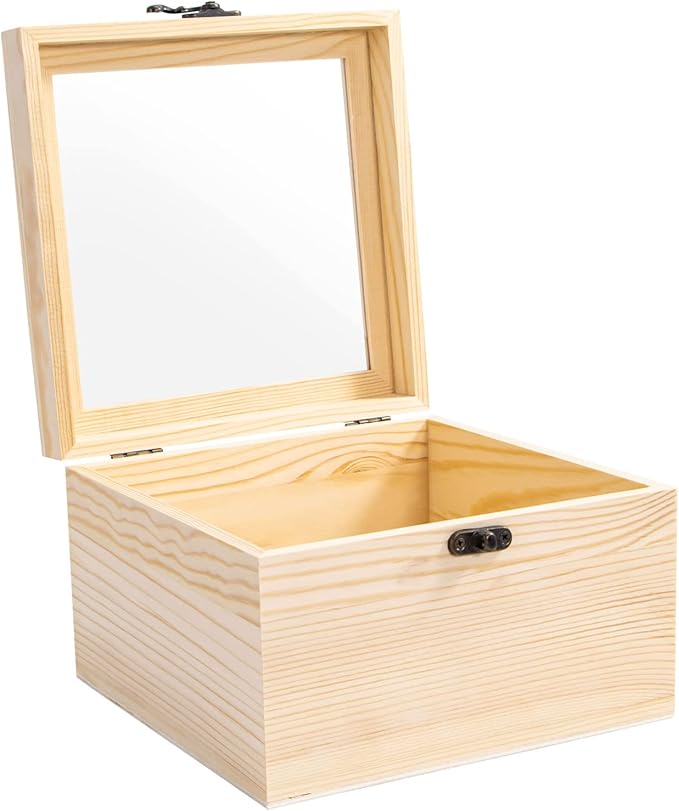 Useekoo Unfinished Wooden Display Box with Glass Top Hinged