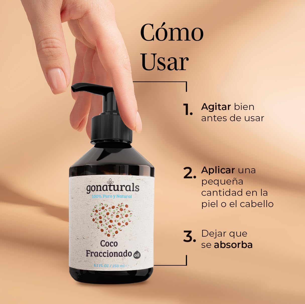 GoNaturals Aceite de Coco Fraccionado 250ml 100% Puro Hidrata Piel Cabello Uñas Desmaquillante Natural