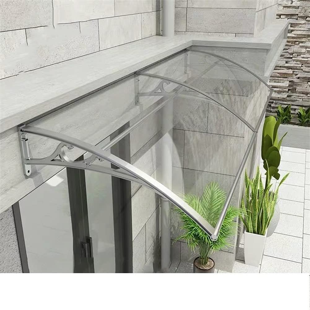 Generic Okno drzwi Zewnętrzny zakrzywiony baldachim Puste arkusze poliwęglanu Pokrywa UV Deszcz Ochrona przed śniegiem Wspornik ze stopu aluminium,Gray,200X80CM