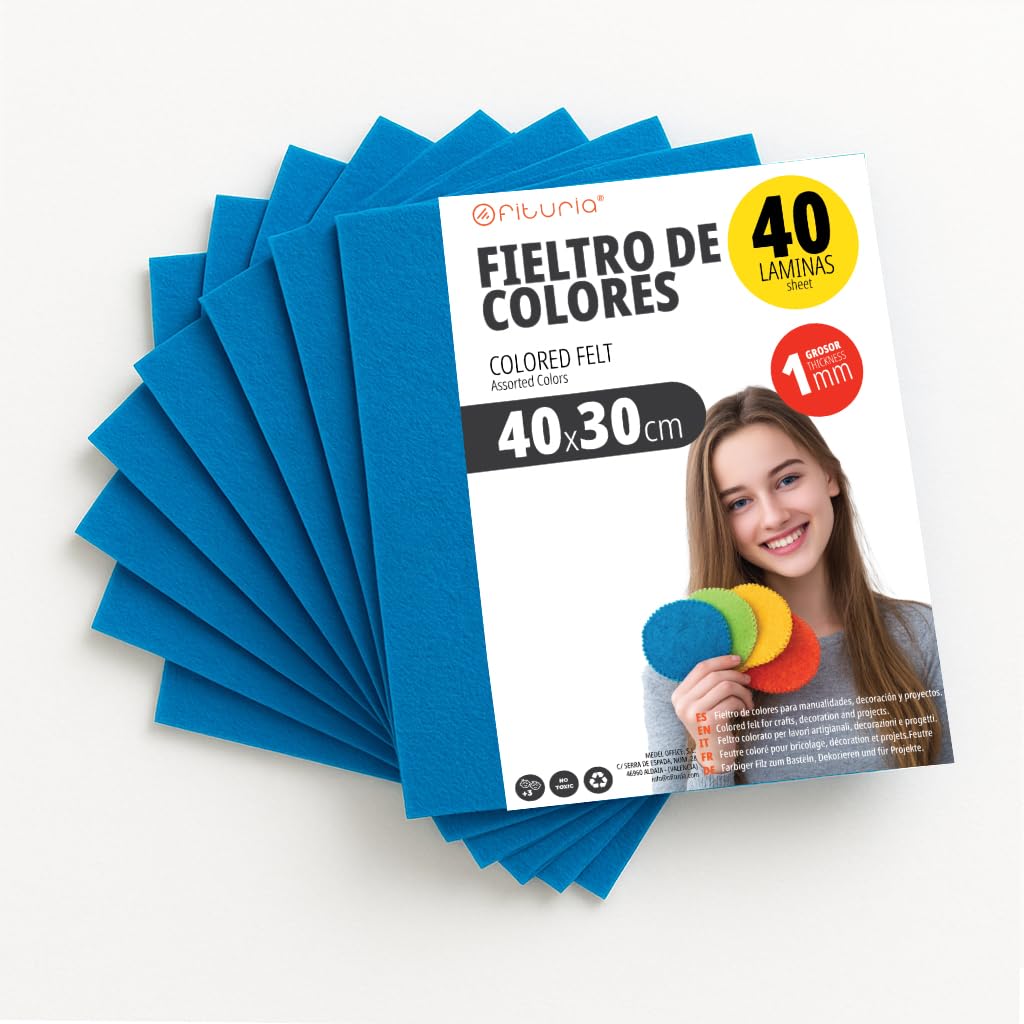 OFITURIA Feutrine de Couleurs pour Loisirs Créatifs, Couture, Patchwork, Artisanat, DIY et Décoration 40x30cm (Bleu, 40 pcs)