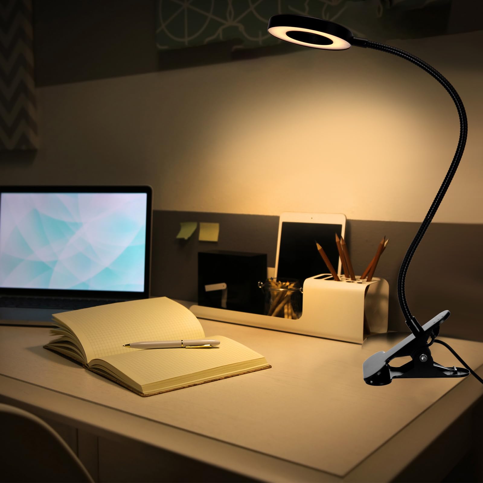 Glooglitter Schreibtischlampe mit Clip, 48 LEDs, USB-Ringlicht mit 3 Farbmodi und 10 Helligkeiten, dimmbar, Augenschutz, Schreibtischleuchte, 360° flexibler Schwanenhals für Schreibtisch, Kopfteil,