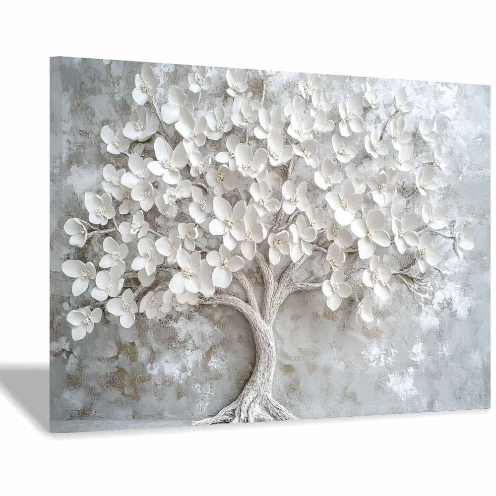 ZAMAEIU The tree of life Flower-laden Tree Canvas Paintings Abstract Tree,Wall Art Poster Modern Room Bedroom Home Decor Geometric Print Patterns(white)-70x100cm Framed