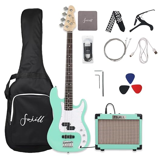 Fojill Full Size Four String Electric Bass Guitar With 10 Watt Amplifier 4 String Right Handed Beginner Kit Set With 600D Gig Bag,Picks,Noiselss Cable,Extra Strings(GGR)