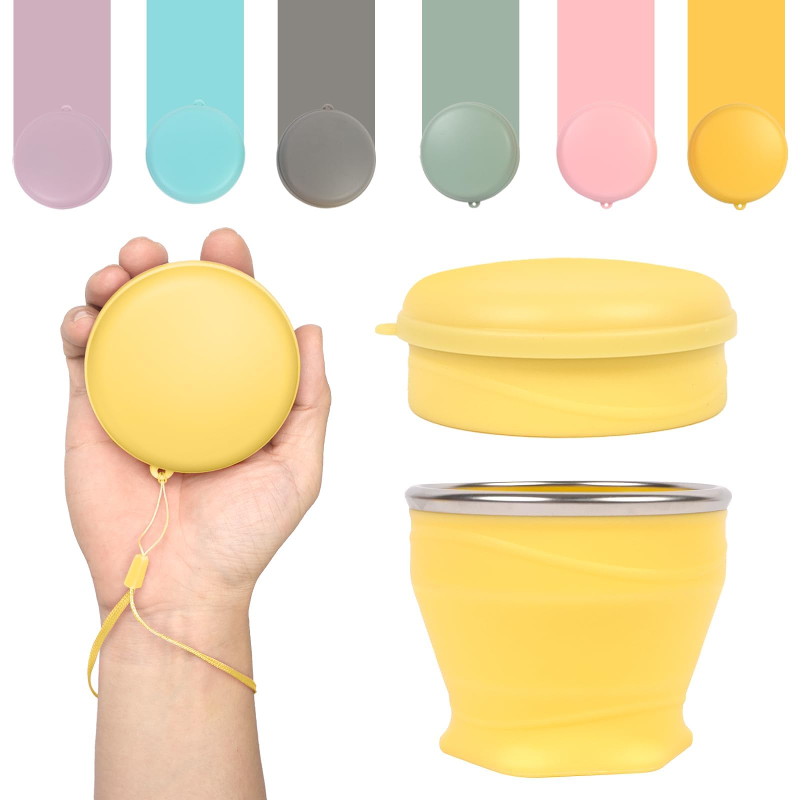 Tazze Silicone Pieghevoli, Bicchieri Silicone con Coperchio, 180 ml Bicchiere Riutilizzabile Pieghevole, Tazza da Viaggio Pieghevole Senza BPA per Viaggio Campeggio Picnic Escursionismo (Giallo)
