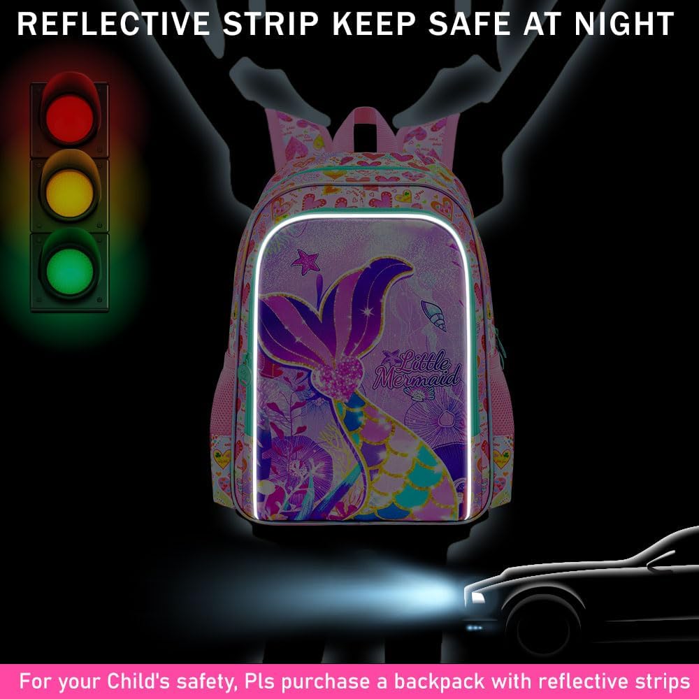 UFNDC 3PCS Girls Mermaid Backpack Set with Lunch Box, 16" Water Resistant Rainbow Fishtail School Bag for Elementary Preschool