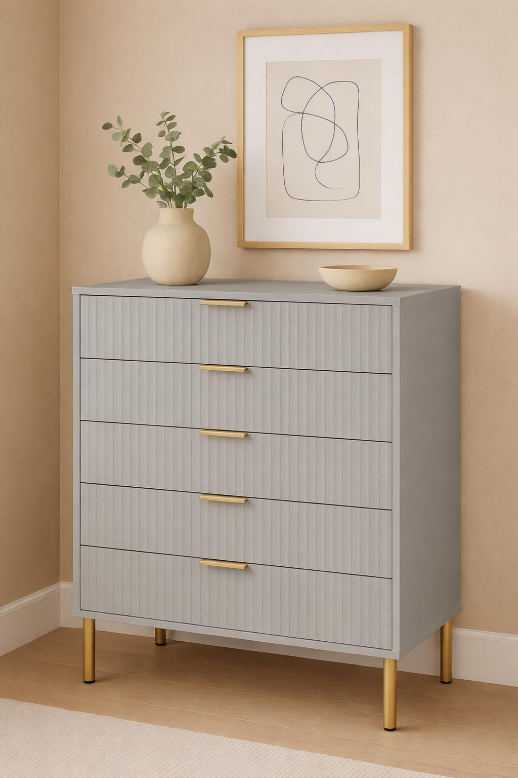 Home Treats Bedroom Furniture Set Taupe Wooden Wardrobe, Chest of 4 Drawers, Bedside Table with Gold Accents, 3 Piece Set Ridged Design (Chest of 5 Drawers)