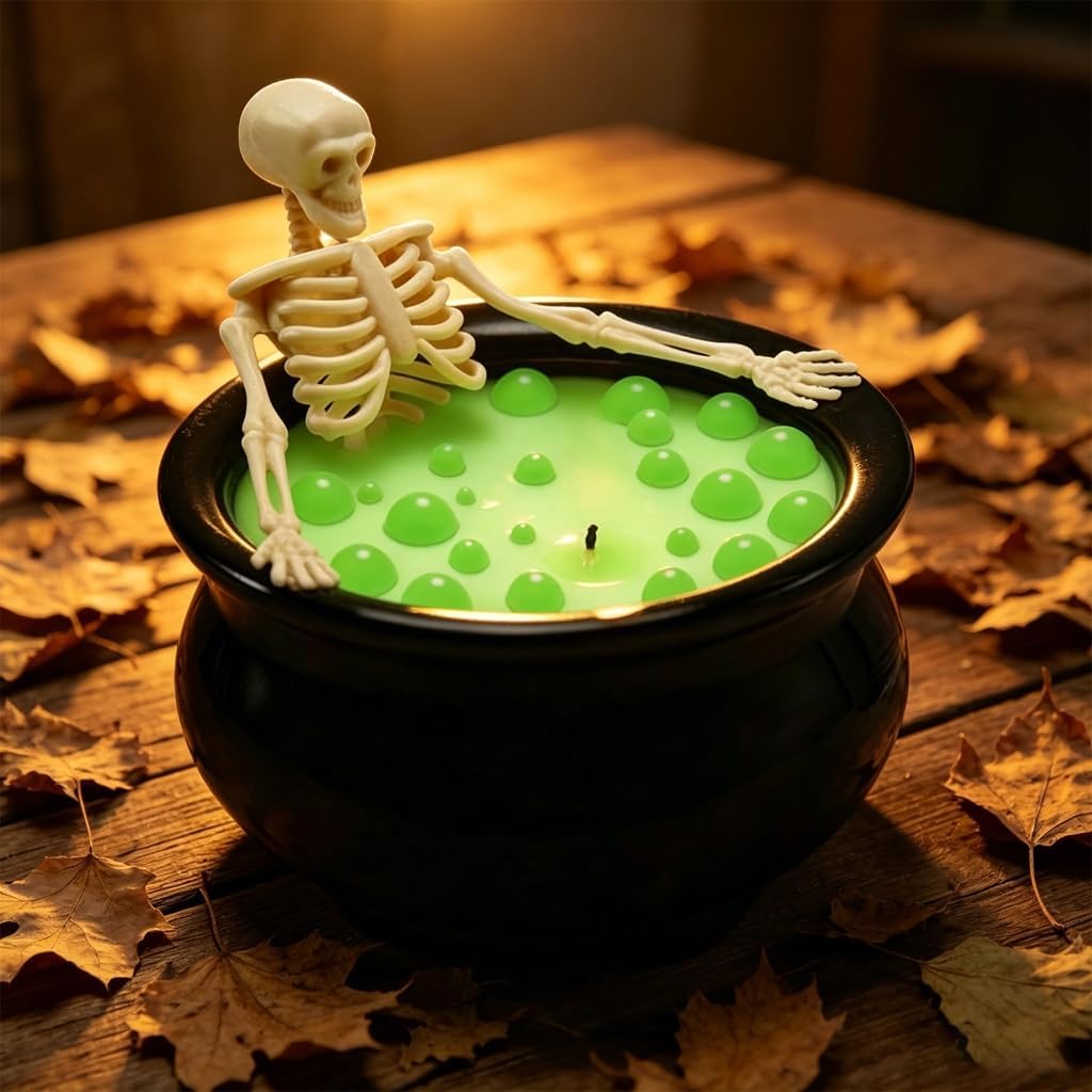 Seasonal Cauldron Candle Accent for Fall Shelf and Table Display