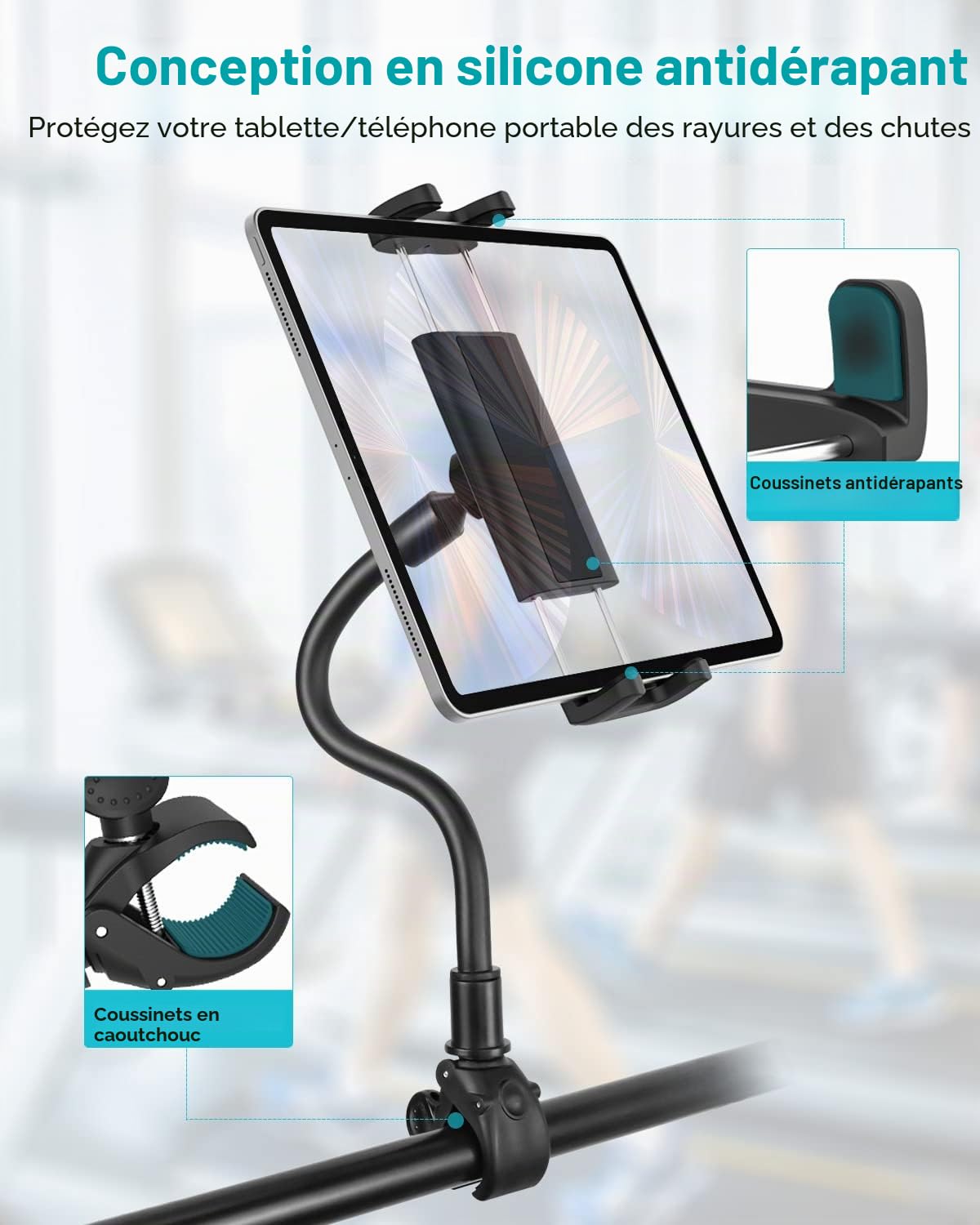 Support Tablette Vélo D'appartement, Support Tablette Vélo Elliptique, Porte Tablette Home Trainer/d'appareil de Sport, pour Galaxy Tab A8 A7 S9, iPad 9 10, iPad Pro Air Mini, 4~12.9" Tablette