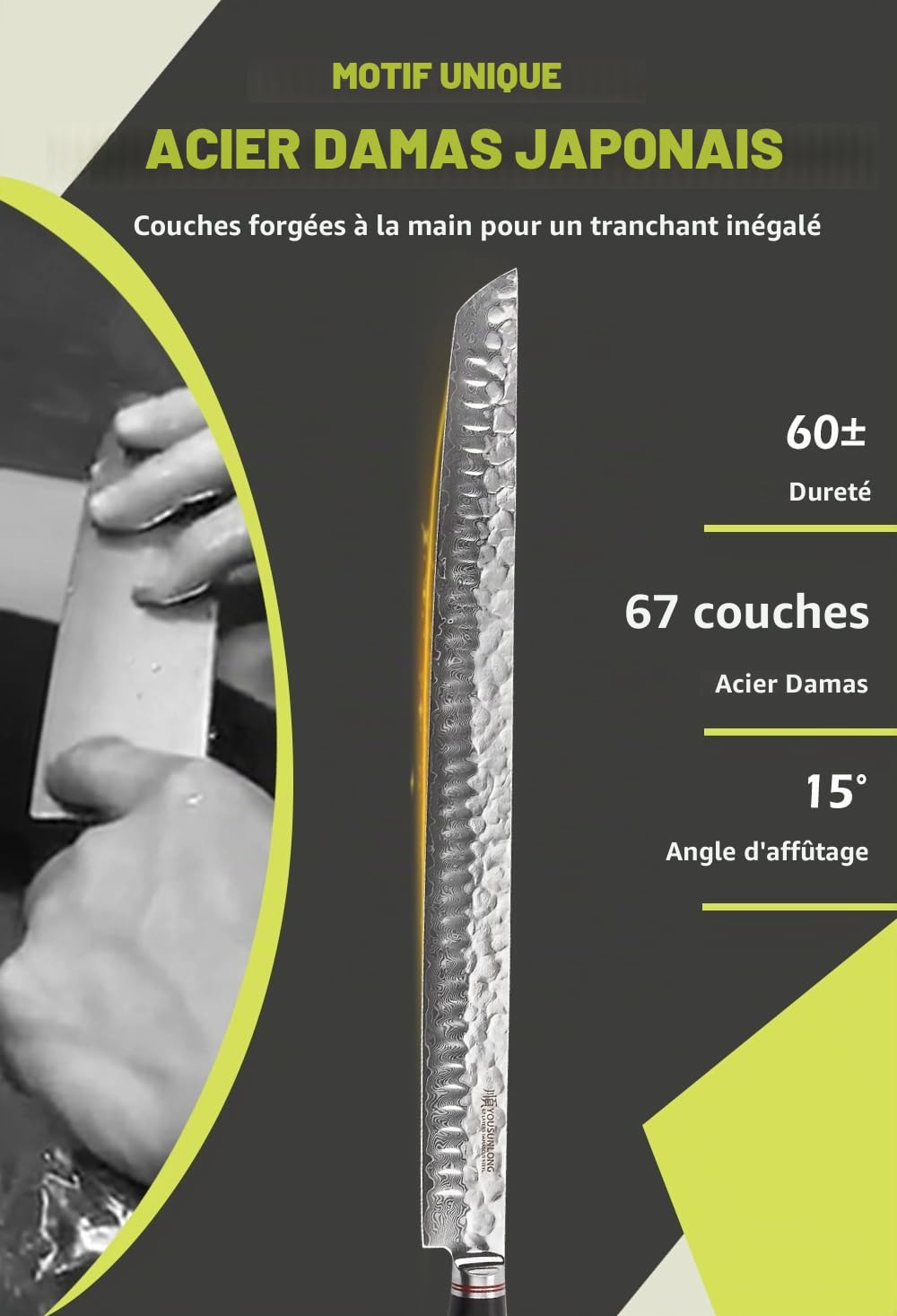 YOUSUNLONG Couteau à thon Maguro Bocho extra large 17 pouces (430 mm) Couteau à trancher Sujihiki Convient pour couper de gros thon, saumon, bœuf et mouton - Manche en ébène avec étui en cuir