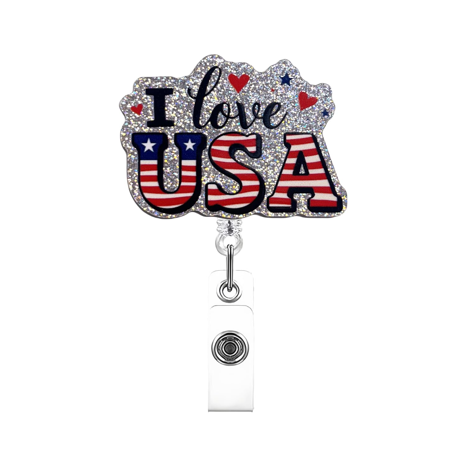 Independence Day Badge Reel,““I Love USA” Designs Acrylic Badge for ID Card Badge,4th of July Telescoping Retractable Badge Holder Alligator Clip Accessories for Nurse,Medical Worker,Student,Teacher — image 1