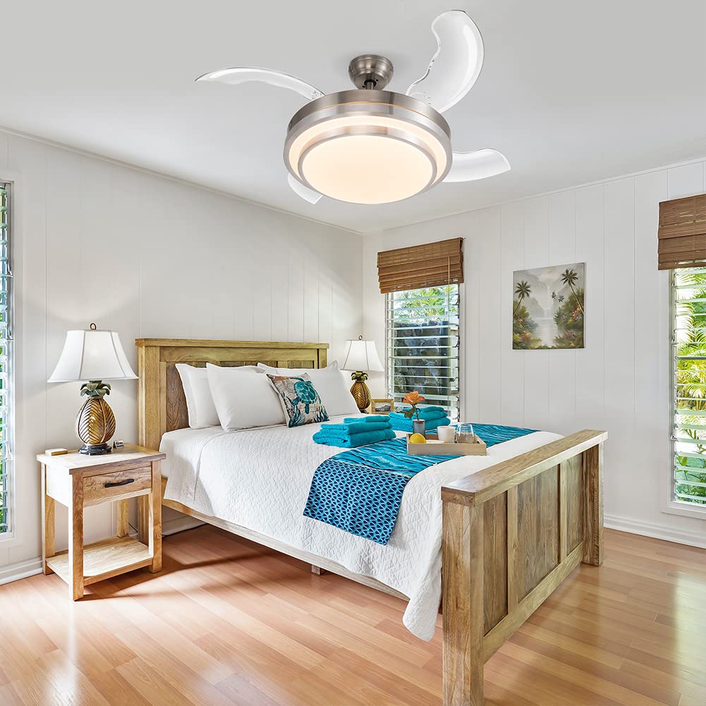 BAKAJI Ventilatore Lampadario da Soffitto 4 Pale richiudibili a scomparsa in ABS, Diametro 106 cm, Lampada LED Plafoniera Acciaio 36W, 3 Velocità Selezionabili, con Timer,Cambio Colore e Telecomando