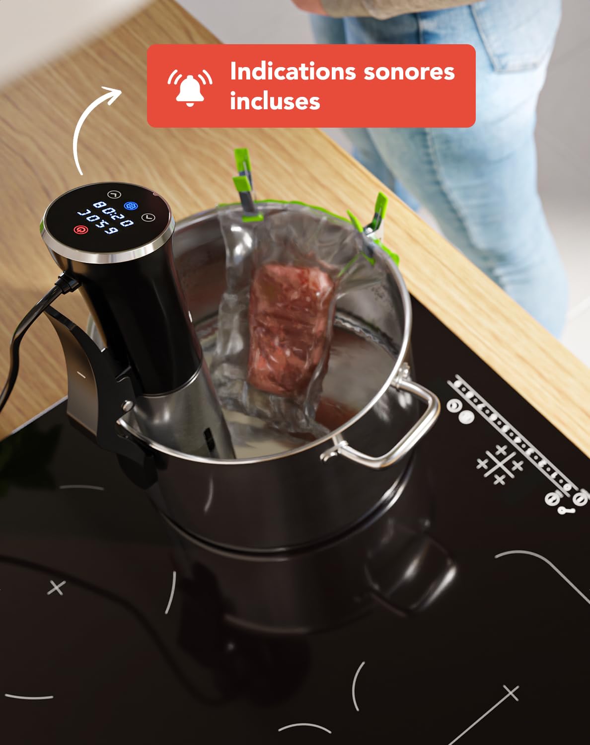 KitchenBrothers Thermoplongeur Sous Vide - Cuisson Basse Température - Cuiseur Sous Vide - Thermoplongeur Chauffe Eau -0 à 95℃, Réglable Par 0,2℃ - 1200W (Noir/Inox avec accessoires)