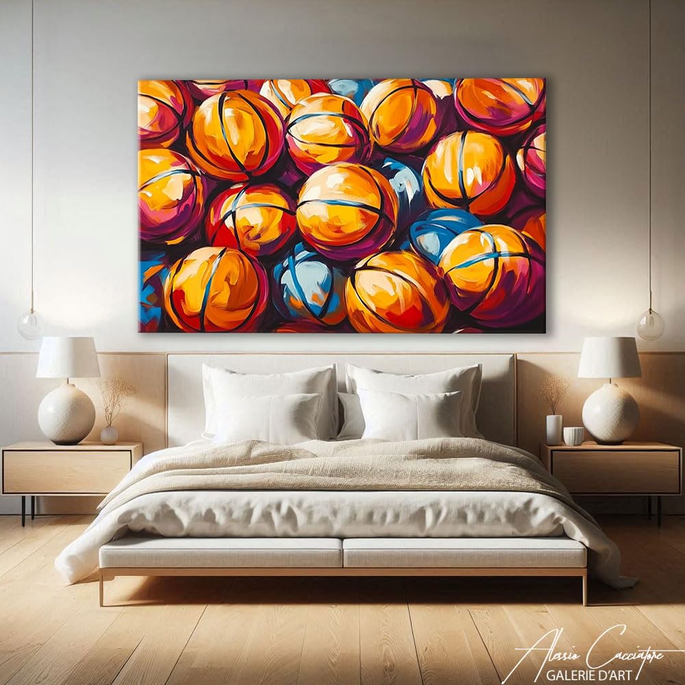Quadro da basket – Poster decorativo da parete sportivo – Stampa su tela arancione – Quadro Street Art grande formato – Decorazione per camera da letto adolescente – Regalo per fan di basket (60 x 40