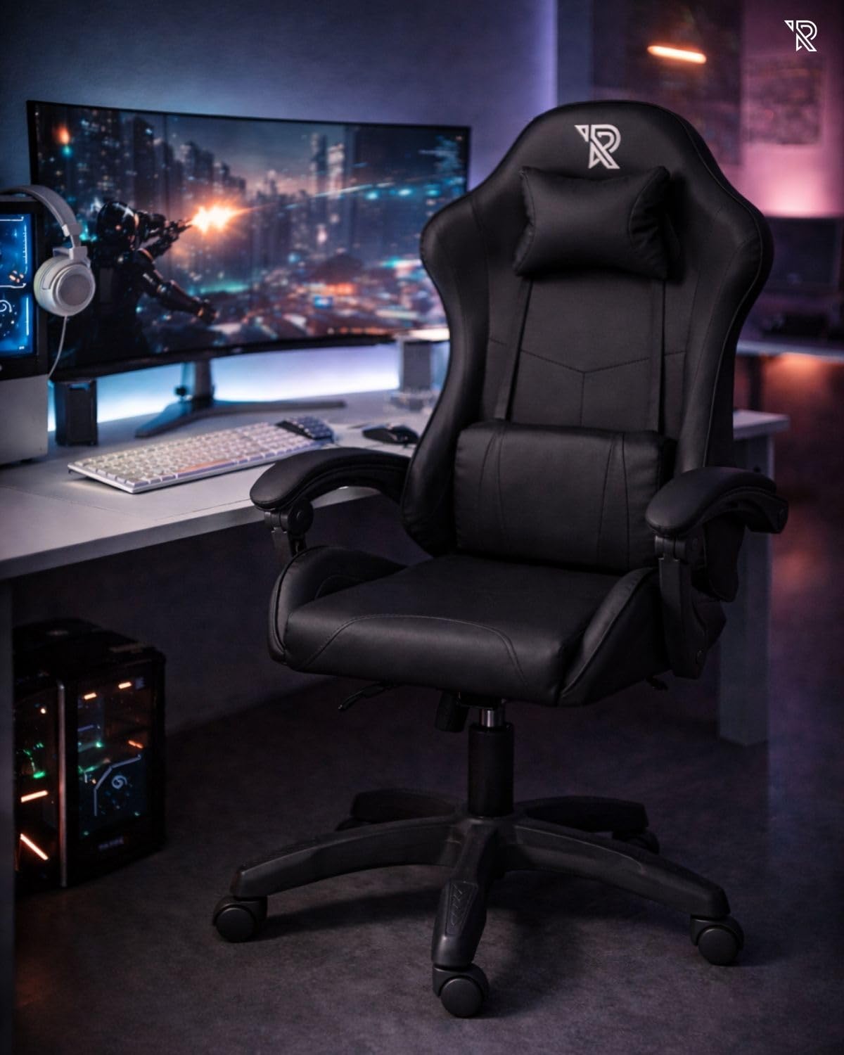 Ruesleag Gaming-Stuhl Ergonomisch – Höhenverstellbar, Mit Lordosenstütze, 360° Drehbar, Schwarzer Rennstil Für Homeoffice Und Zocken