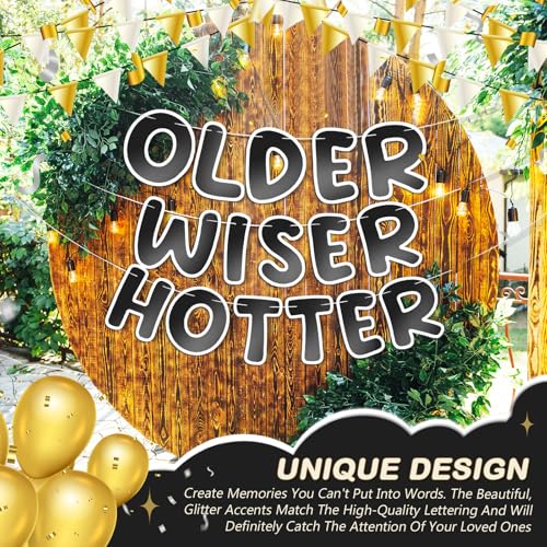 Image of Fulmoon Set of 3 Pre Strung Older Wiser Hotter Glitter Banner Funny Birthday Banner for Women 30th 40th 50th 60th 70th 80th Birthday Party Decorations Sign Gift(Bright Black and White)