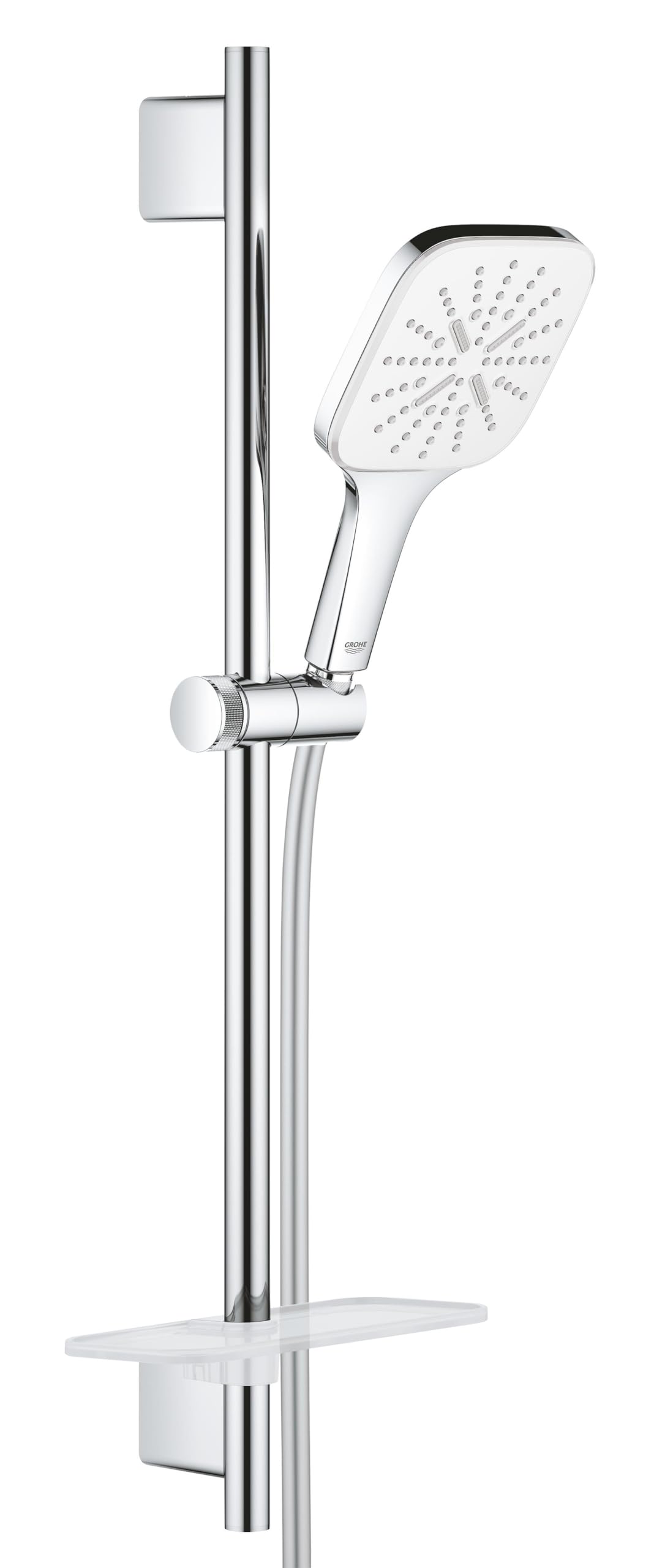 GROHE Vitalio 110, Duschset wassersparend, 10l pro Min (Duschstangenset mit: Duschkopf 3 Strahlarten, 1,75m Schlauch, Duschstange 60cm, mit Duschablage, an Bohrlöcher anpassbar) eckig, chrom, 26596000