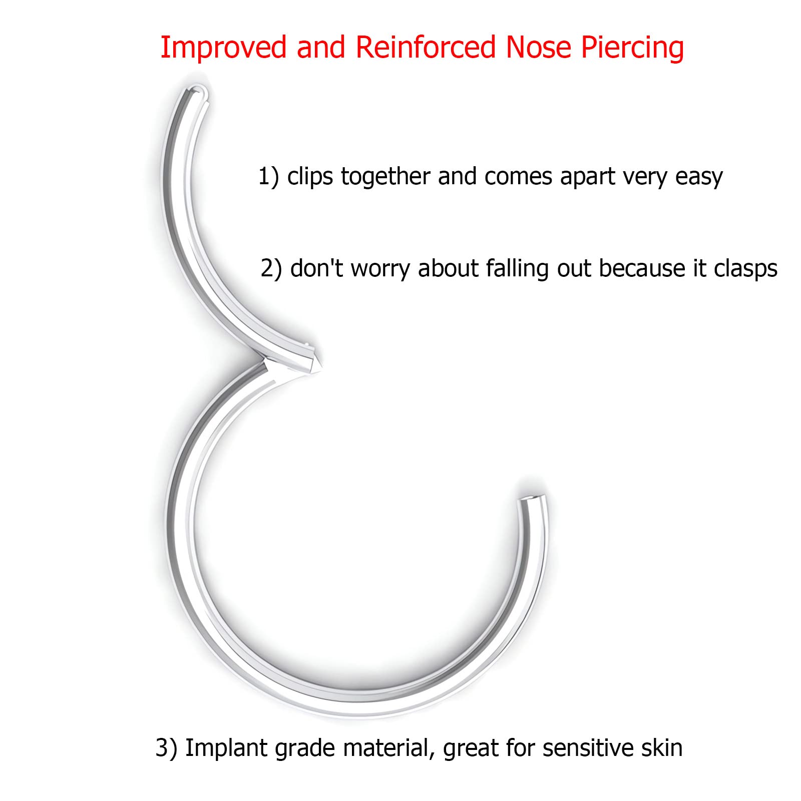 0.8mm/1.0mm/1.2mm/1.6mm Grosor 316L Acero Quirúrgico Bisagras Nariz Anillos Aro, Anillos de tabique Piercing Labio Hélice Cartílago Rook Pendientes, Diámetro 5mm a 12mm