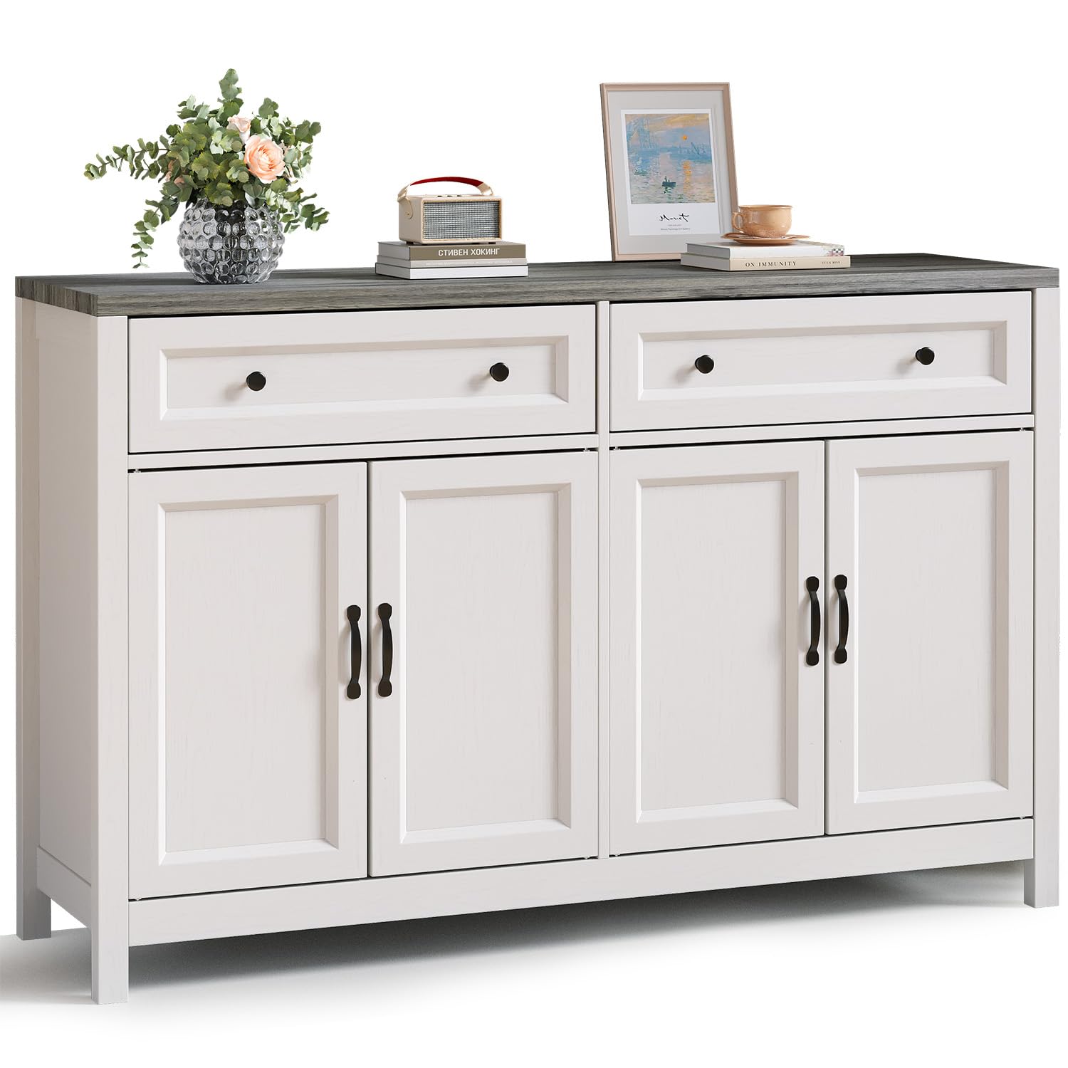 Sideboard, Küchenschrank mit Arbeitsplatten, Küchenbuffet Aufbewahrungsschrank mit 2 Schubladen und 4 Türen, für Wohnzimmer, Küche, Esszimmer, 40 x 140 x 90 cm, Grau