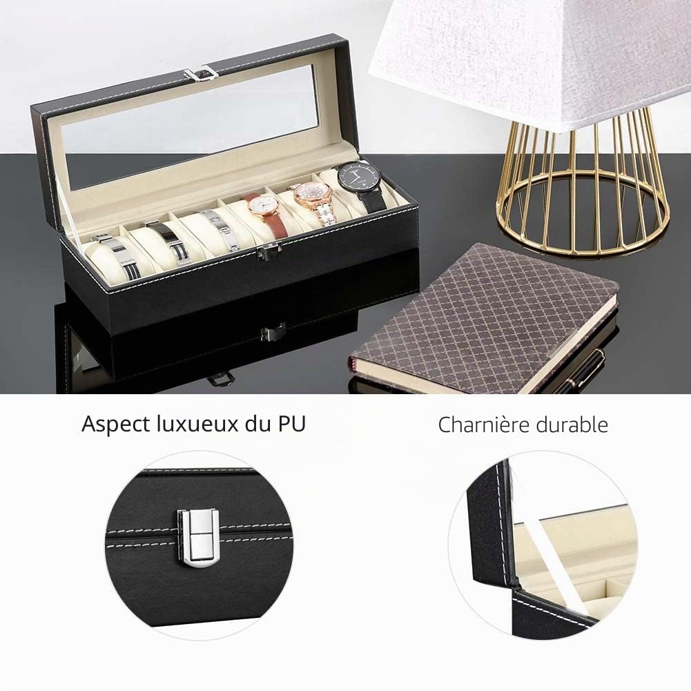Boîte à Montres avec 6 emplacements, Ecrin pour Montres pour 6 Montres, Présentoirmontres avec Couvercle en Verre, Doublure en Velours, 30 x 11,5 x 8 cm (Schwarz-W04B)