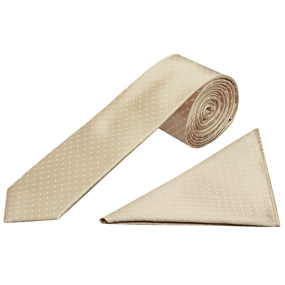 TIES R US Champagne and White Polka Dot Skinny Men's Tie Handkerchief Set