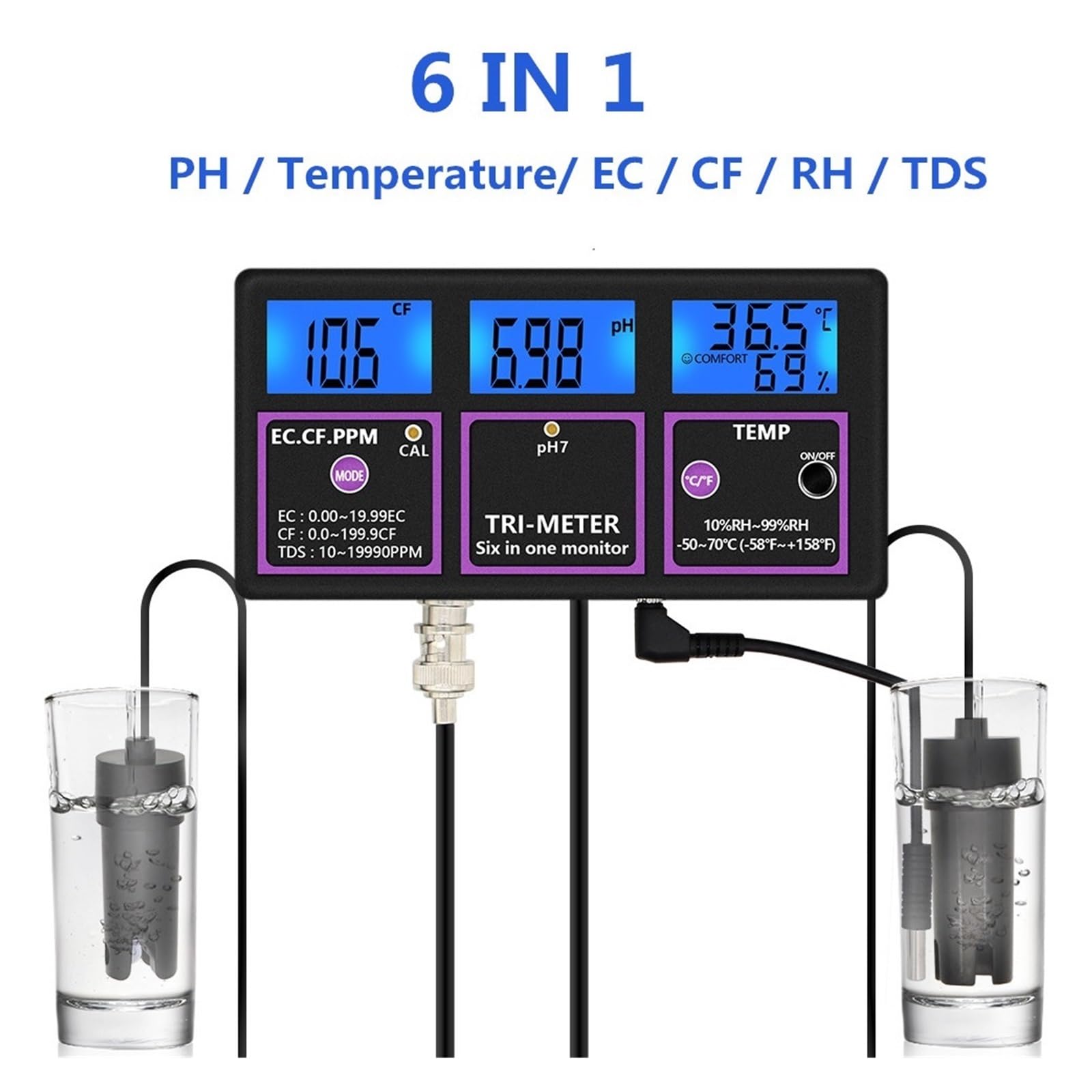 6 W 1 Profesjonalny Monitor Jakości Wody, Detektor PH/TEMP/EC/CF/RH/TDS, Wyświetlacz Cyfrowy, Wielofunkcyjny Analizator