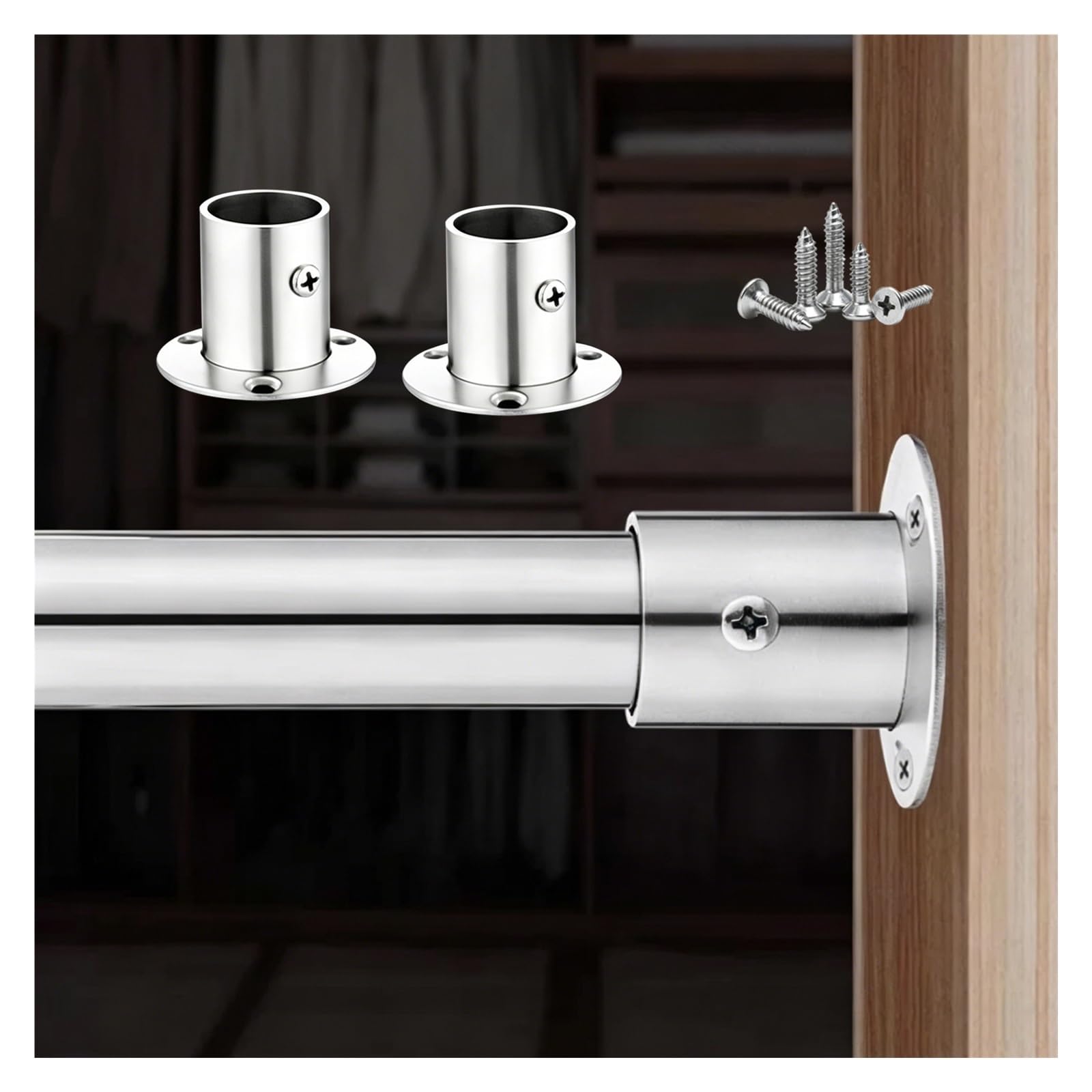 Detachable Clothing Rod for Closet, Balcony Entryway Cupboard Hanging Rods Stainless Steel, Heavy Duty Wardrobe Poles with Flange & Screws, Cuttable(L 30"/76.2cm)
