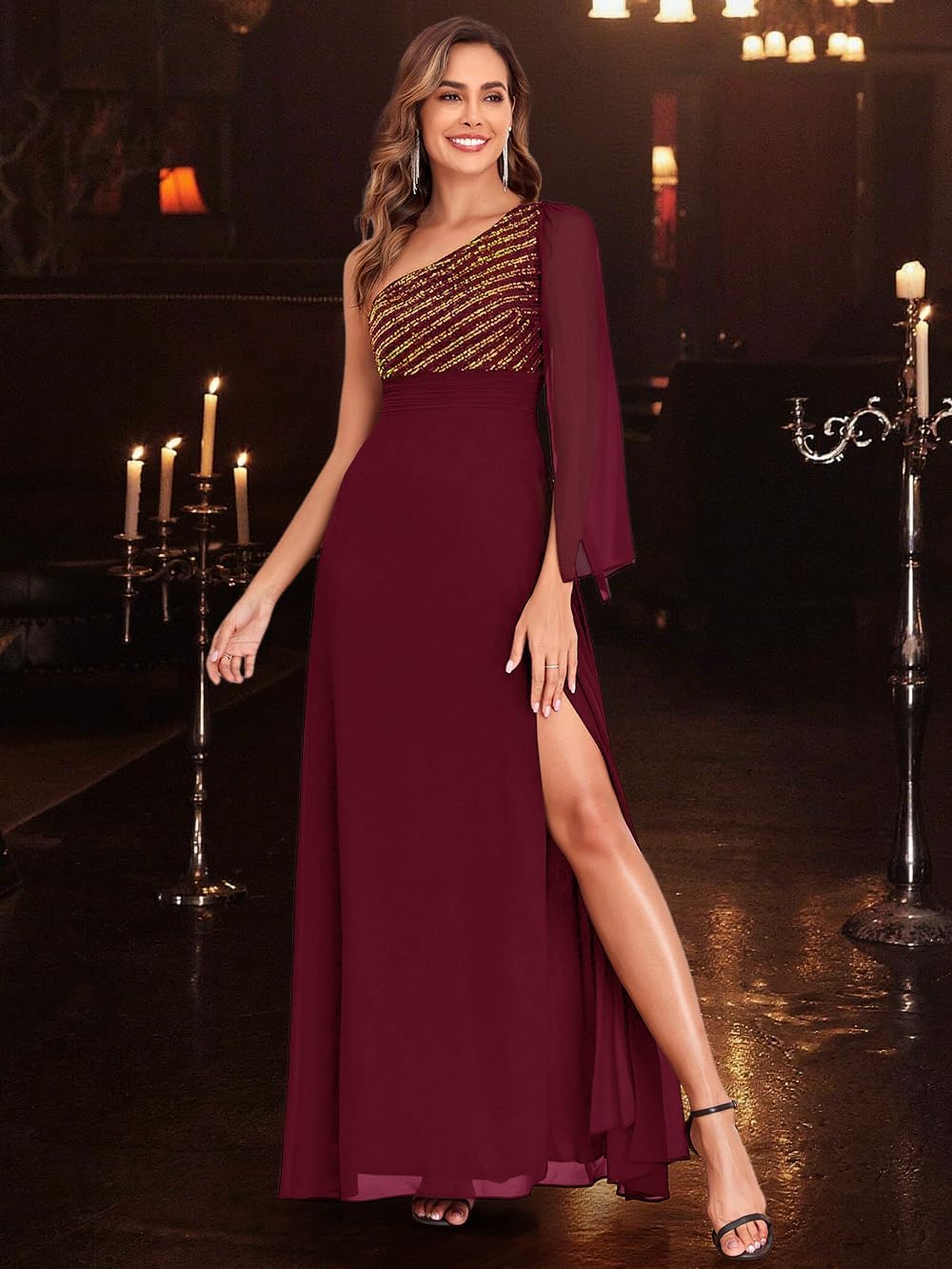 Women's Formal Evening Gowns Dress Long One Shoulder Sparkly Sequin Chiffon Split Cocktail Wedding Guest Ball Dresses - Image 5