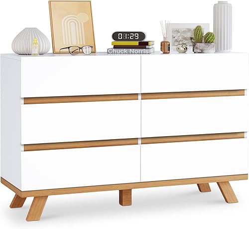EazeHome Cómoda blanca cómoda de 6 cajones con cajón doble ancho cómoda de cajones grande para dormitorio sala de estar entrada pasillo